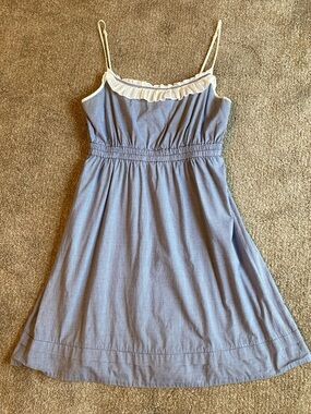 Kimchi Blue Smock waist Ruffle Neckline Navy Gingham Dress with Cream Trim SZ L